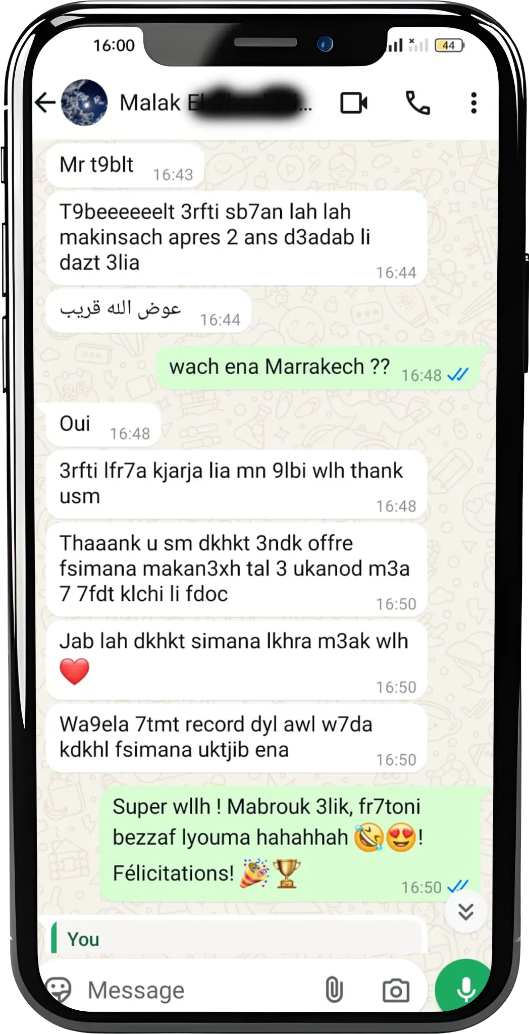 Conversation WhatsApp : Malak annonce son admission à l’ENA Marrakech et remercie The Archimates.